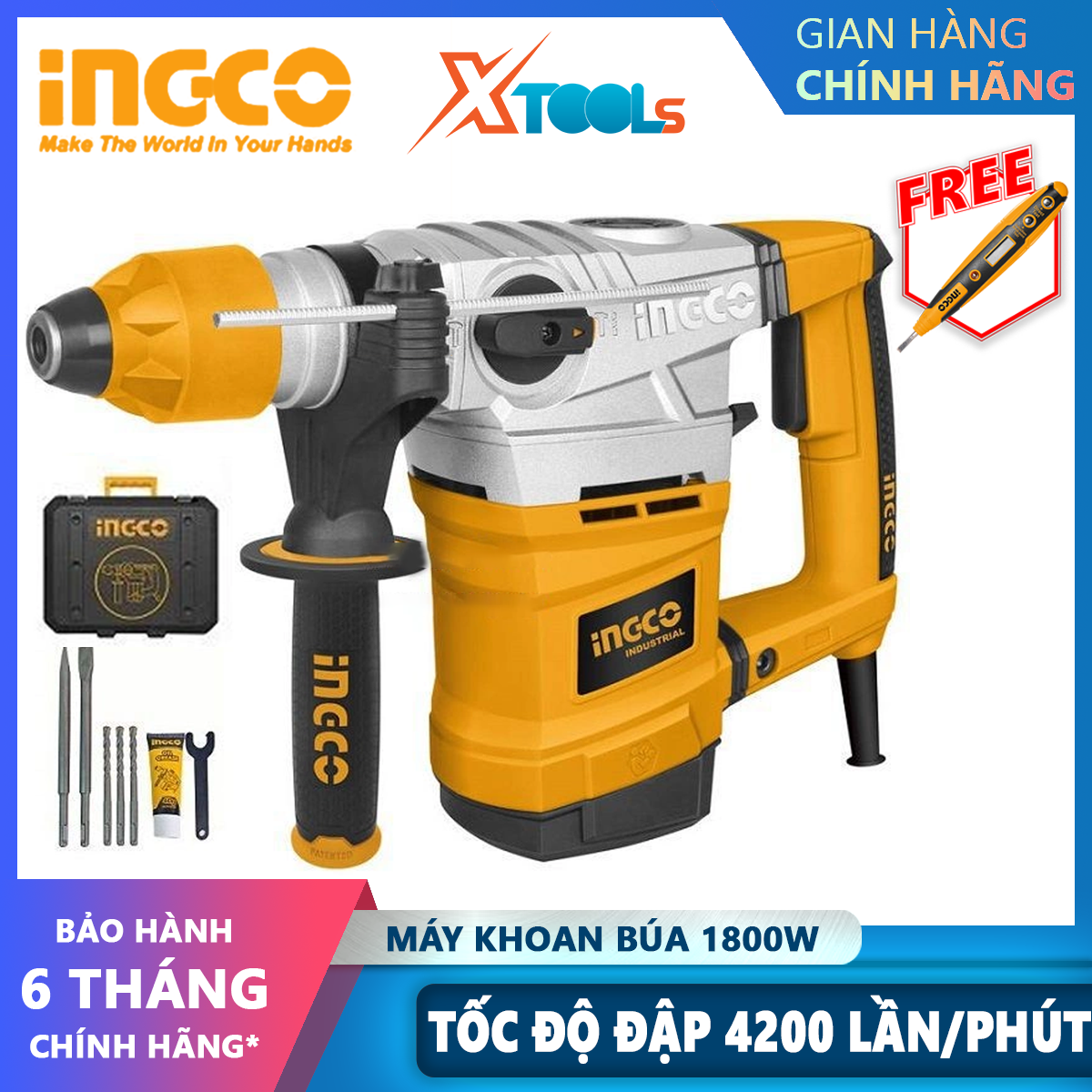 1800W ingco rh18008 hammer drill with 3 drill bits 2 chisels. BPM constant speed portable hammer drill, impact force 7J xtools