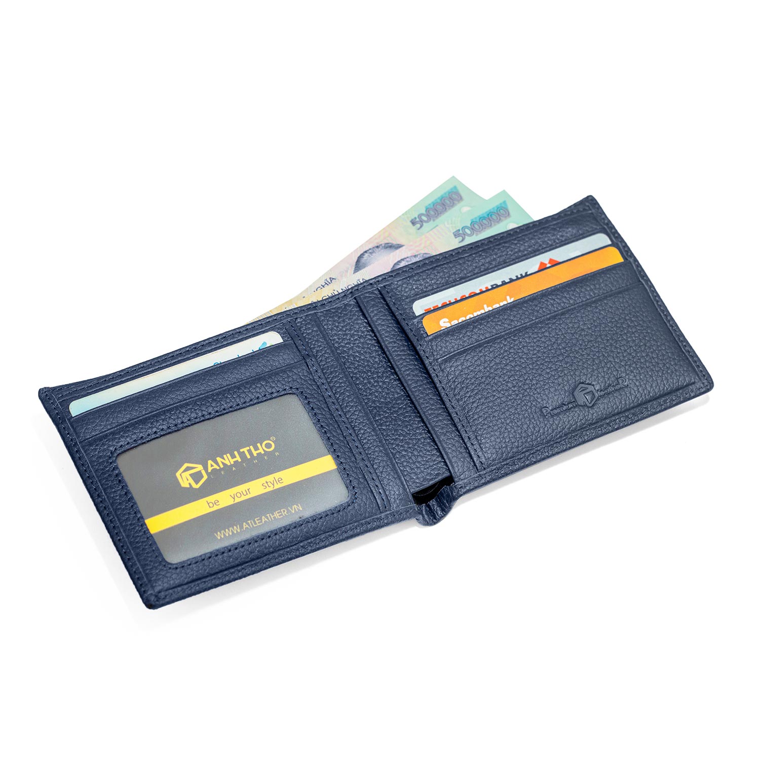 Ví da bò VICTOR dáng ngang, chất da bò hạt cao cấp, tone xanh navy sang trọng, đựng vừa tất cả giấy tờ, Anh Tho Leather
