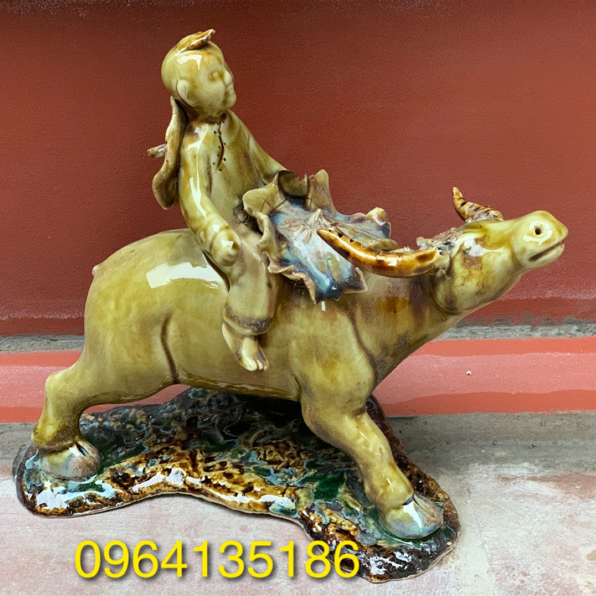 Tượng mục đồng cưỡi trâu d26cm men hoàng thổ gốm sứ Bát Tràng