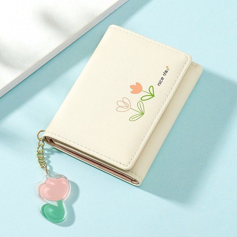 Ví Ngắn Gập Ba Thiết Kế Đơn Giản Họa,Chất liệu da PU có họa tiết hoa tulip, phong cách thời trang tối giản