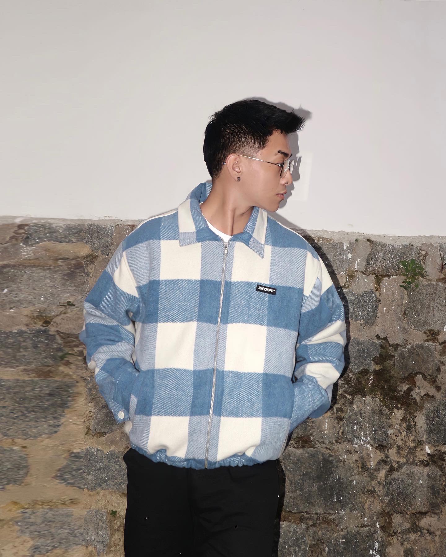 RIPOFFF Checked Zip Jacket - Blue White (Áo khoác tay dài dây kéo vải Wool sọc trắng xanh)