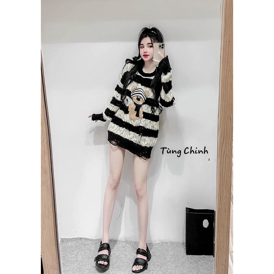 Áo len gấu kẻ ngang cute sang chảnh(kèm ảnh thật và video)