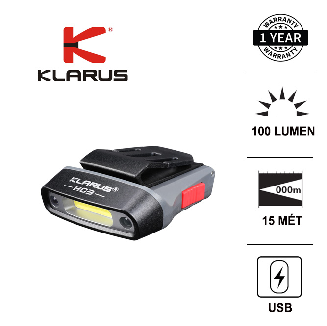KLARUS HC3 - Đèn pin đeo đầu, cài mũ độ sáng 100lm pin tích hợp cổng sạc usb nặng chỉ 37g (pin sạc kèm theo)