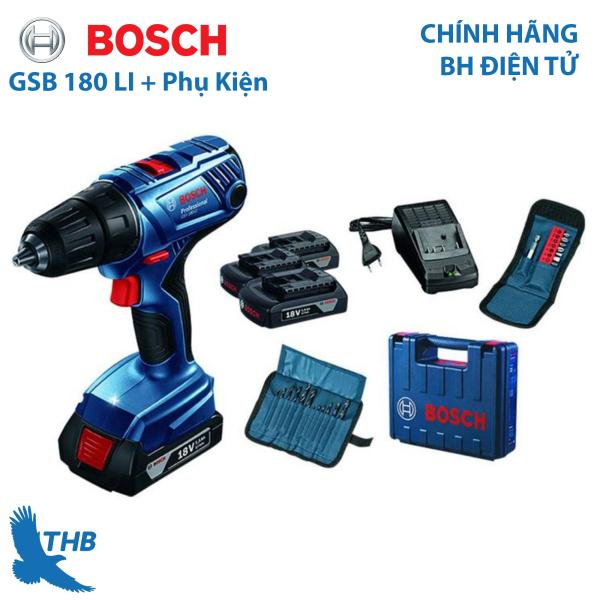 Máy khoan vặn vít dùng Pin Máy khoan động lực Bosch GSB 180 LI kèm Phụ Kiện 18V Bảo hành điện tử 6 tháng