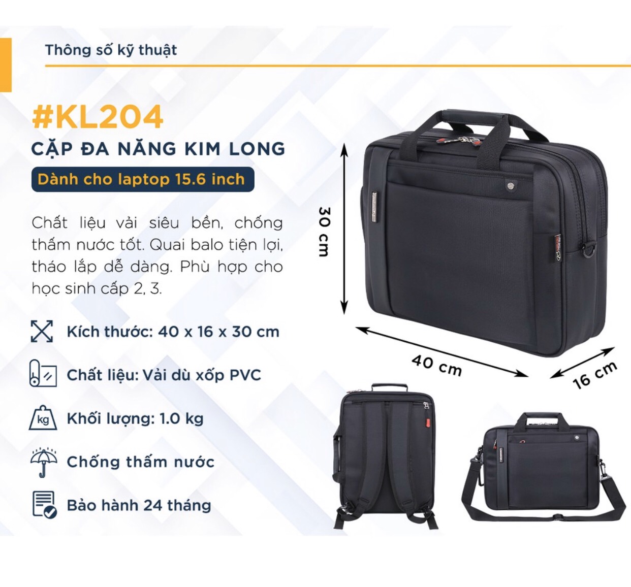Cặp học sinh, cặp đen đa năng hiệu Kim long KL204