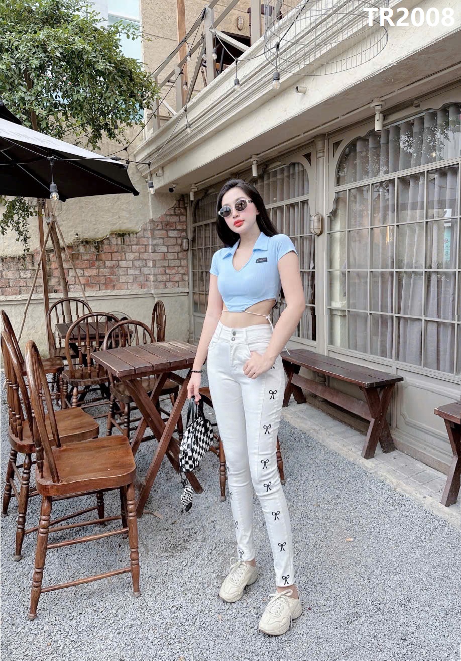 Quần jean nữ ống ôm thêu nơ sườn có 2 màu phog cách douyin từ 40-70kg