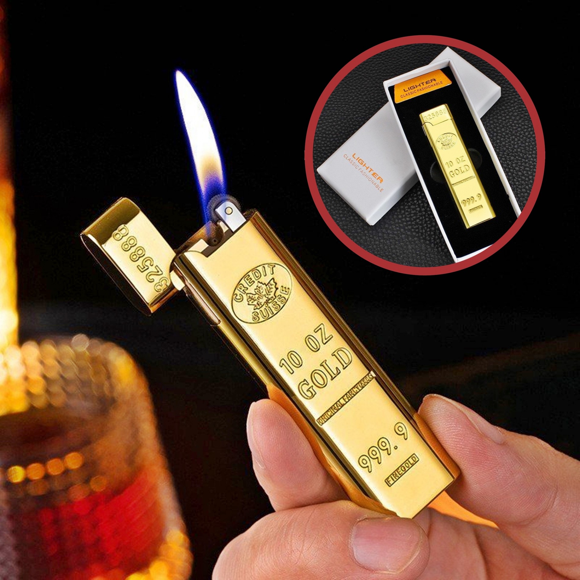 Bật lửa Gas đá hình thỏi Vàng 9999 dài (Thanh Vàng 9999 dài) (Fullbox) - (Xài gas)