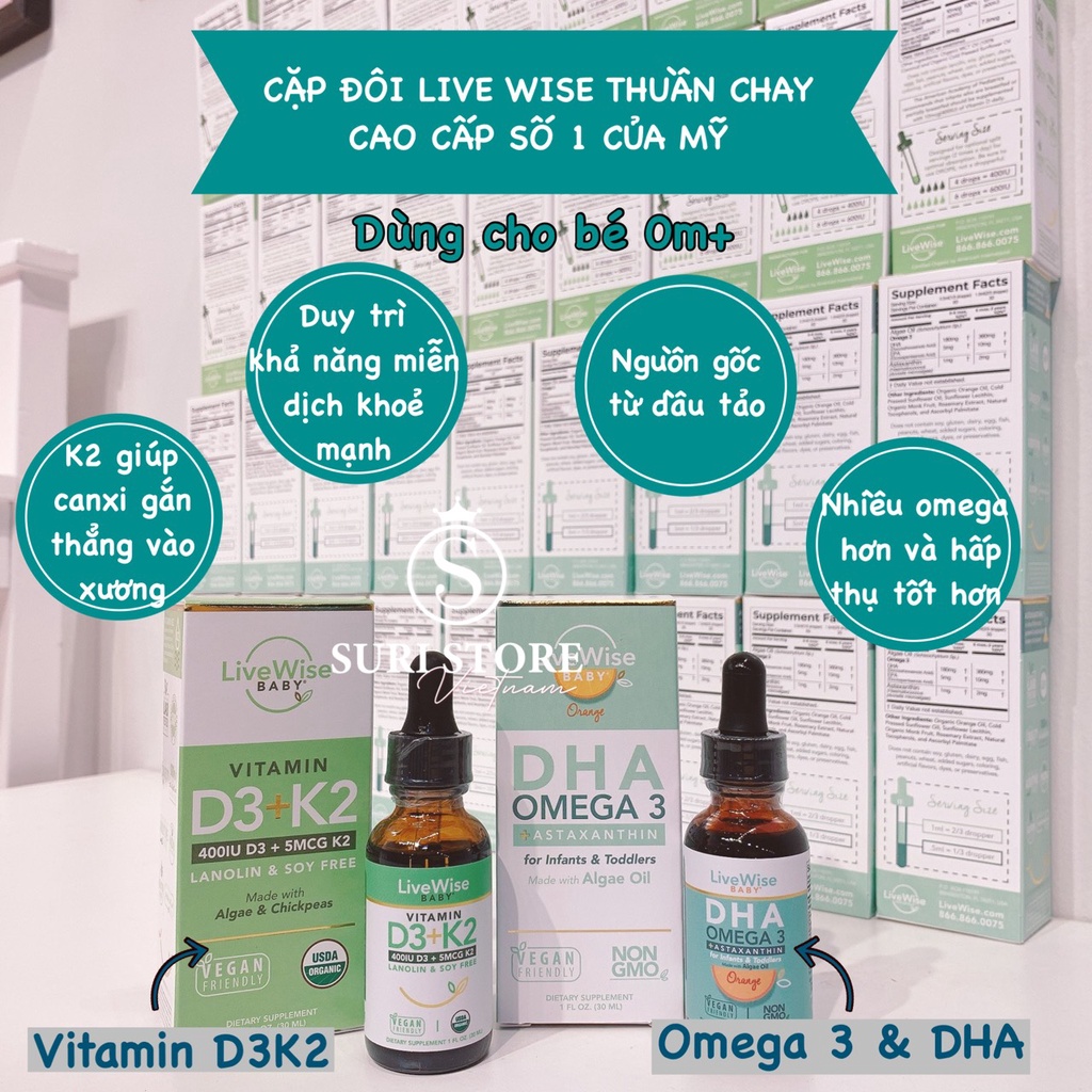 Vitamin D3 K2 hữu cơ LiveWise Mỹ cho bé