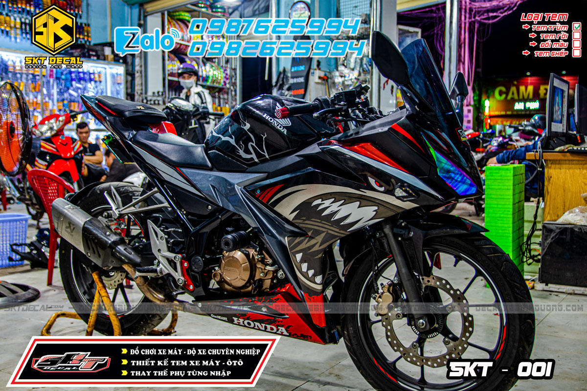 tem trùm xe cbr đen bạc cá mập