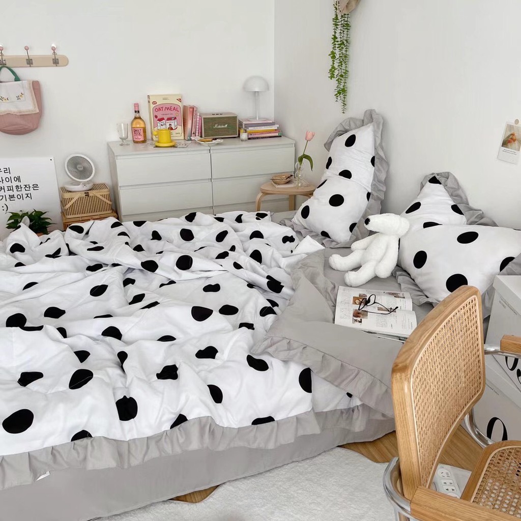 Bộ Chăn Ga Gối Cotton Đũi ( Chần Mền Hè) Chấm Bi
