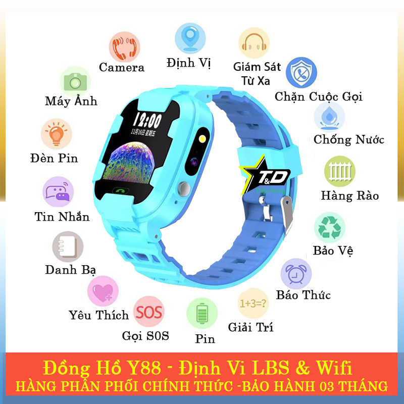 Đồng hồ trẻ em Y88 cảm ứng nghe gọi 2 chiều - Đồng hồ định vị Y88 chống nước IP67 camera máy ảnh đầy đủ