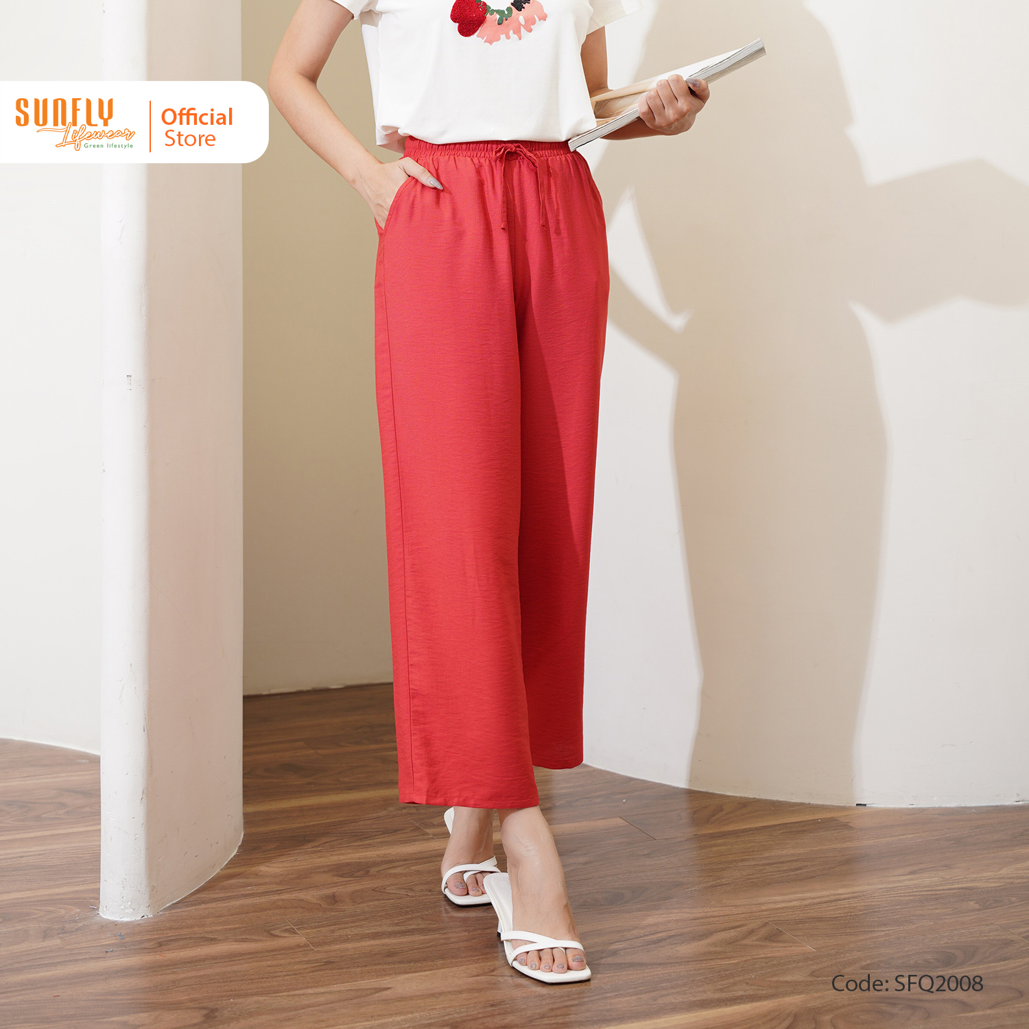 Quần dài nữ linen tưng sunfly ống suông rộng năng động dạo phố sfq2008