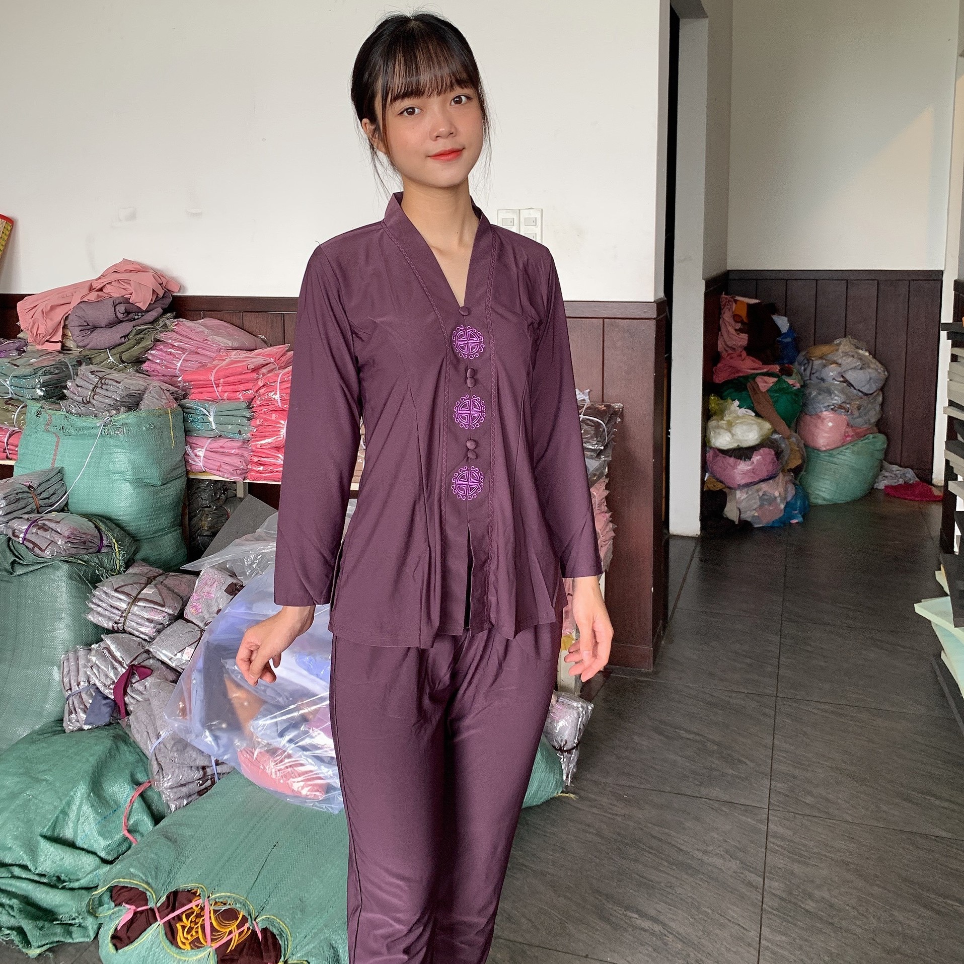 Quần Áo Phật Tử, Đồ Lam Phật Đi Chùa Nữ, đồ bộ mặc nhà mẫu đồng tiền mã PN37B