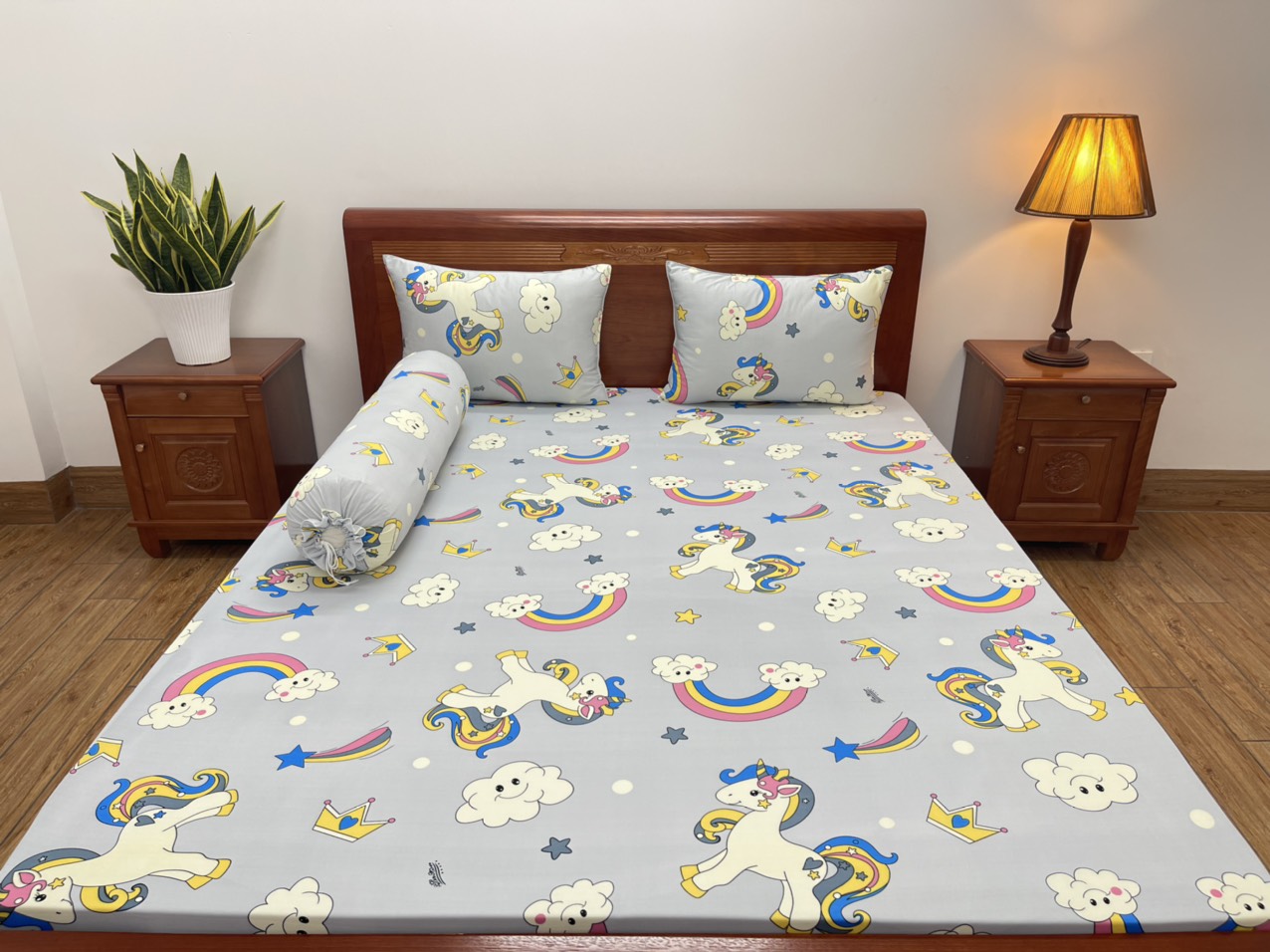 Bộ ga giường, Drap nệm Thun Lạnh Hàn Quốc 4 món họa tiết Hoạt hình