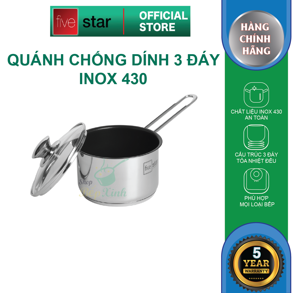 Quánh nồi chống dính Fivestar Standard inox 430 nắp kính 12cm / 14cm  , 3 đáy dùng được mọi bếp , bảo hành 5 năm - hàng chính hãng