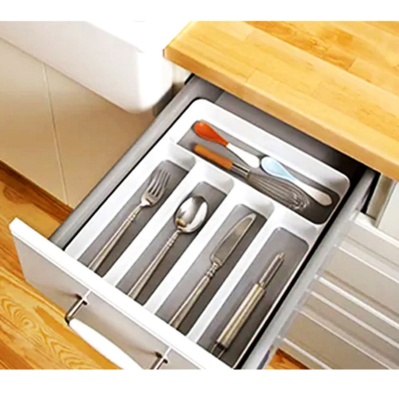 Khay Đựng Nĩa Lớn Màu Xám Bạc Khay Đựng Bộ Sưu Tập, Hộp Đựng Dao Kéo Bằng Nhựa Lót Mềm 5 Ngăn Cho Bộ Đồ Ăn