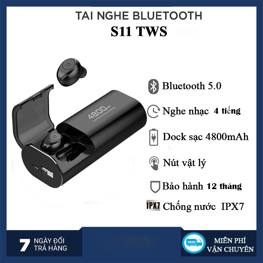 Tai Nghe không dây Bluetooth S11 5.0 TWS - Kiêm Sạc Dự Phòng Cho Điện Thoại Chống Nước IPX5-Bass siêu trầm