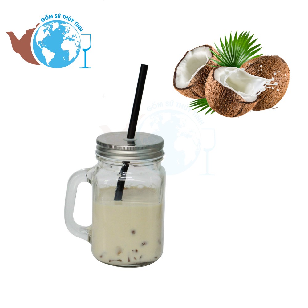 Ly thủy tinh có quai uống trà sữa 450ml nắp có lỗ