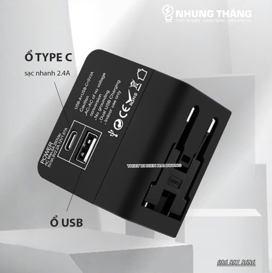 Ổ cắm điện quốc tế du lịch đa năng oc-122 2 cổng usb travel ac adapter