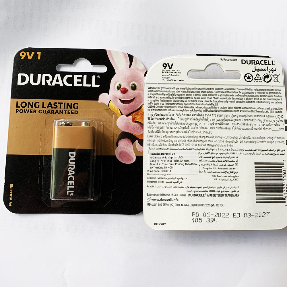 Combo 5 vỉ pin 9V, pin vuông Duracell Alkaline (1 vỉ 1 viên)