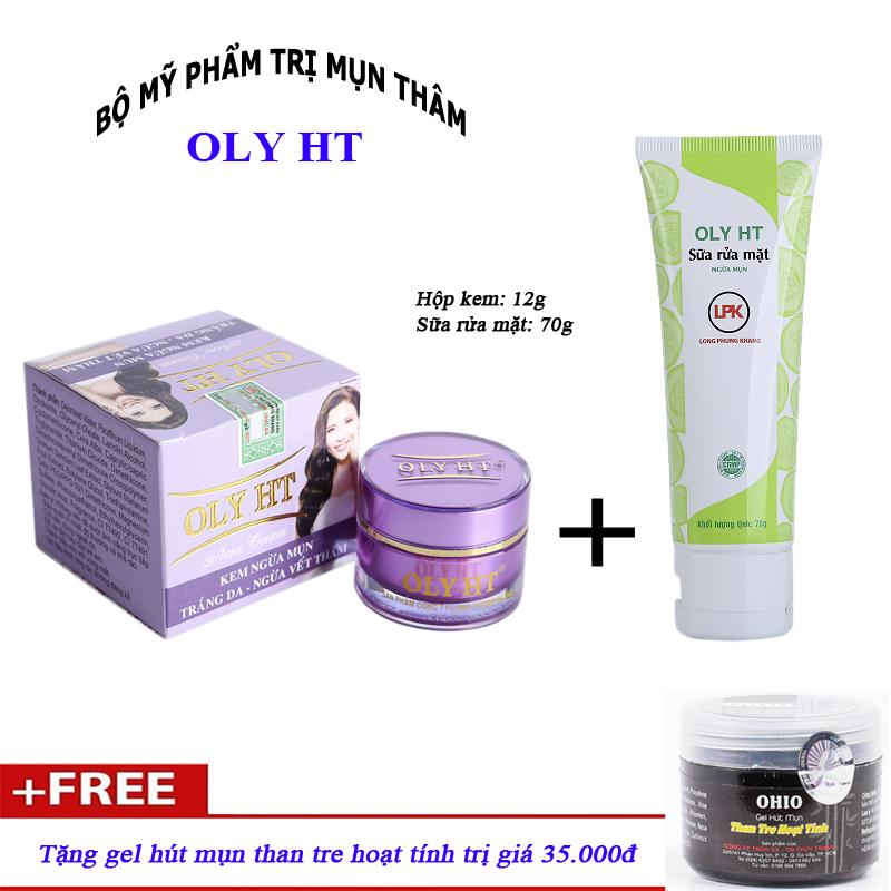 Combo kem mụn thâm trắng da OLY HT 12g + Sữa rửa mặt tặng Gel hút mụn than tre hoạt tính