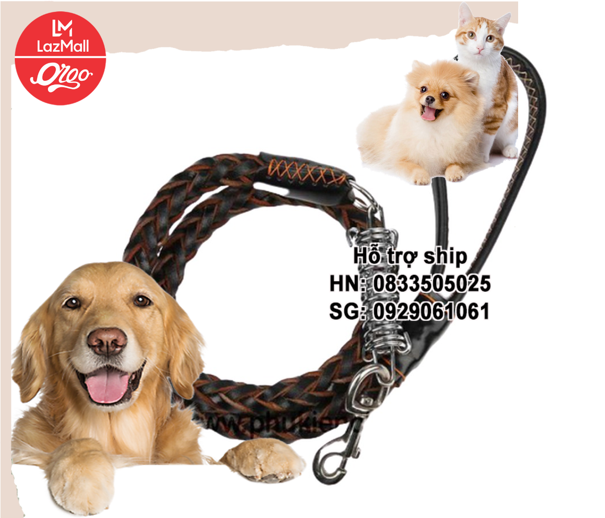 Orgo - Dây dắt chó lớn có trợ lực bằng da tết size 2,5cm dài 1,2m cho chó xích chó mèo