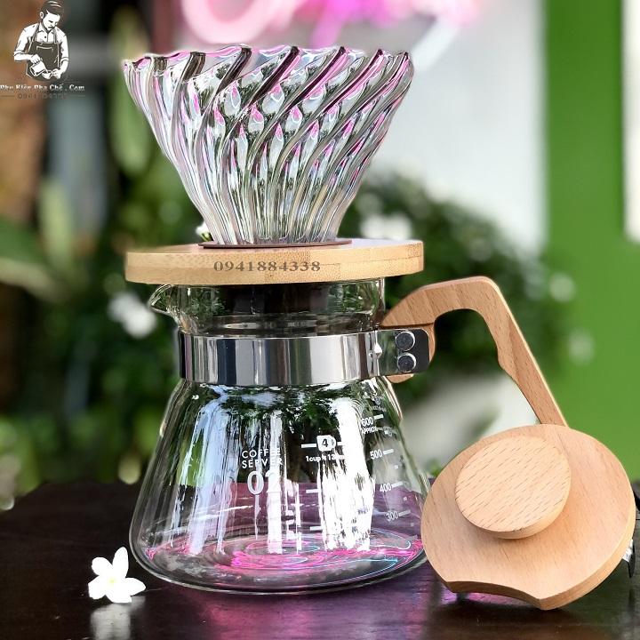 Bộ Bình Pha Cà Phê Drip Coffee,  Pour over V60 600ML Tay Cầm Gỗ