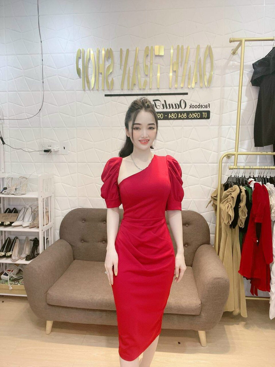 Đầm body tay phồng cổ xéo-TH#damnu