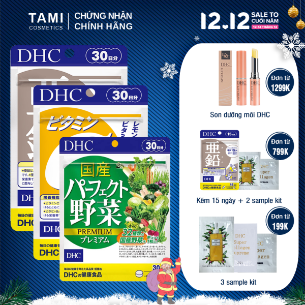 Bộ 3 Chăm sóc da mụn DHC Nhật Bản gồm Viên kẽm zinc + Viên vitamin C + viên rau củ thực phẩm chức năng tăng cường đề kháng làm đẹp da gói 30 ngày TA-DHC-CB15 cao cấp