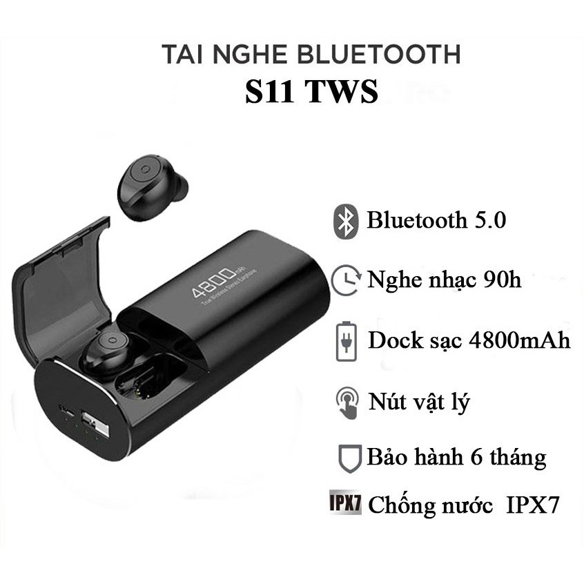 Tai nghe bluetooth s11, tai nghe không dây 5.0 kiêm sạc dự phòng 4800mah s11, chip 5.0, có micro