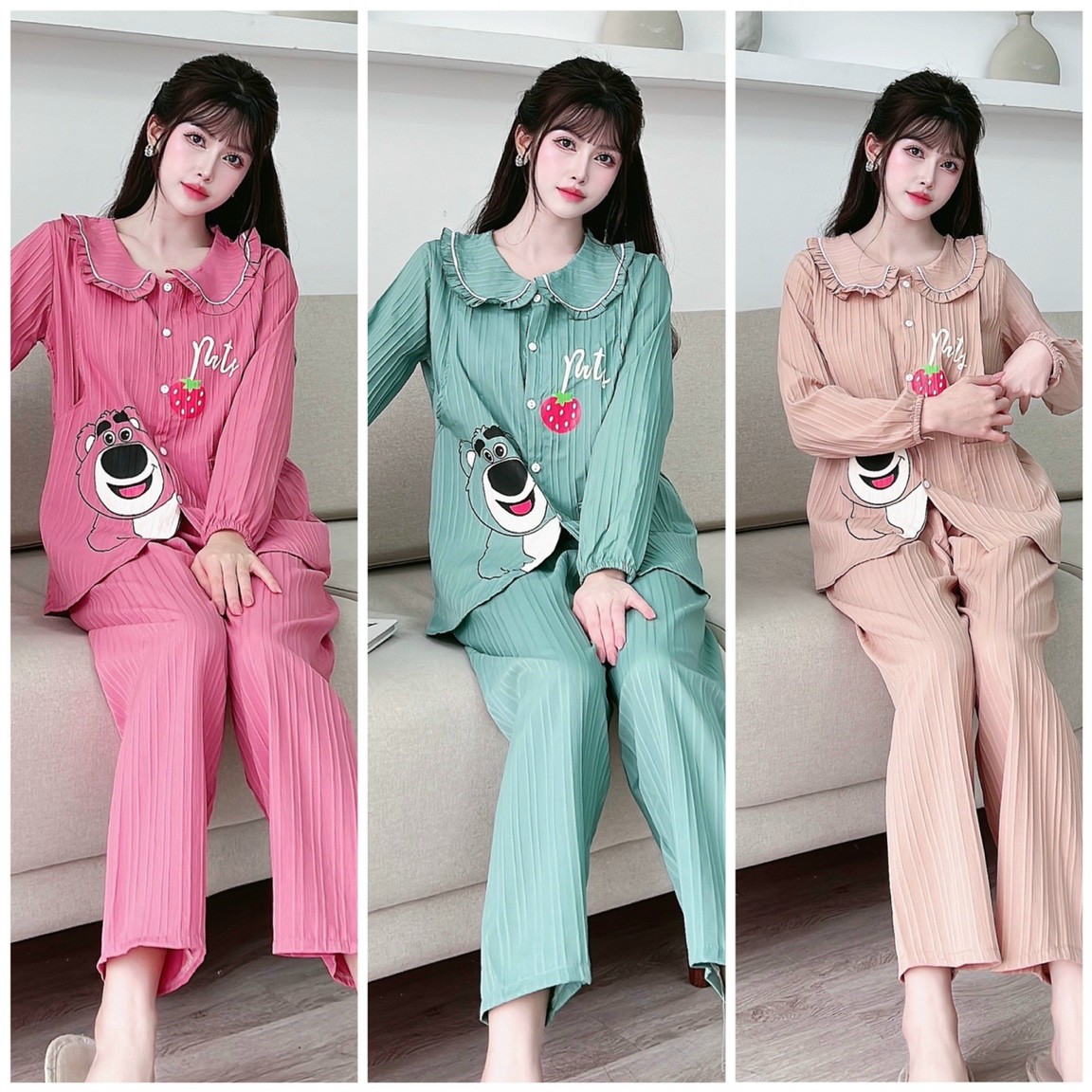 Bộ gân đũi dài cổ sen mặc bầu và sau sinh