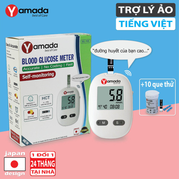 Máy đo đường huyết Yamada - Giọng nói tiếng Việt thông minh, thử tiểu đường, đo chỉ số hồng cầu HCT, tặng 10 que thử cao cấp