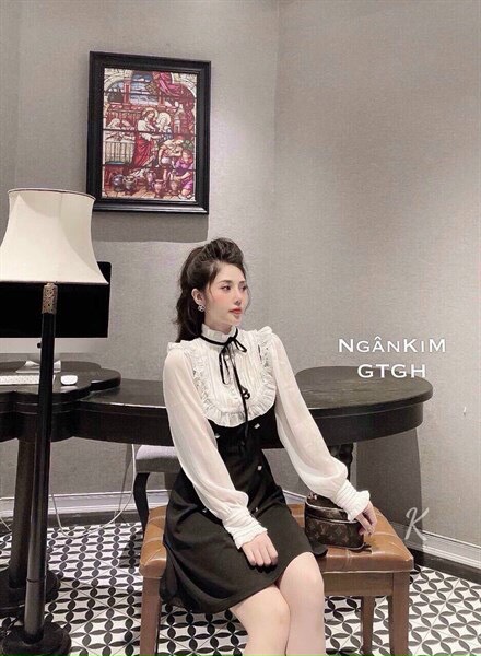 Đâm suông phối voan cổ nhún, cột dây phối bèo bo tay, đính nút siêu xinh