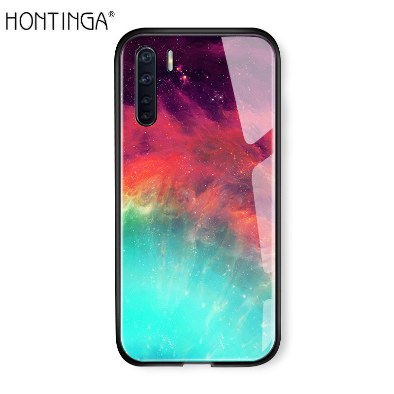 Hontinga For OPPO A91 2020 Case OPPO Reno 3 Case Aurora Galaxy Space Sky Starry Gradient Casing Case Shockproof Tempered Glass Handphone Case Back Cover For Boys Girls Men Women