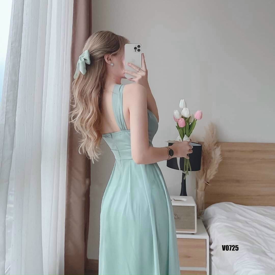 Đầm tiểu thư cổ yếm chất vải voan mềm mại đầm đi tiệc ôm eo dáng suông dài đầm basic Hàn Quốc nhẹ nhàng váy xòe cổ yếm vải lụa đầm mặc đi đám cưới đơn giản