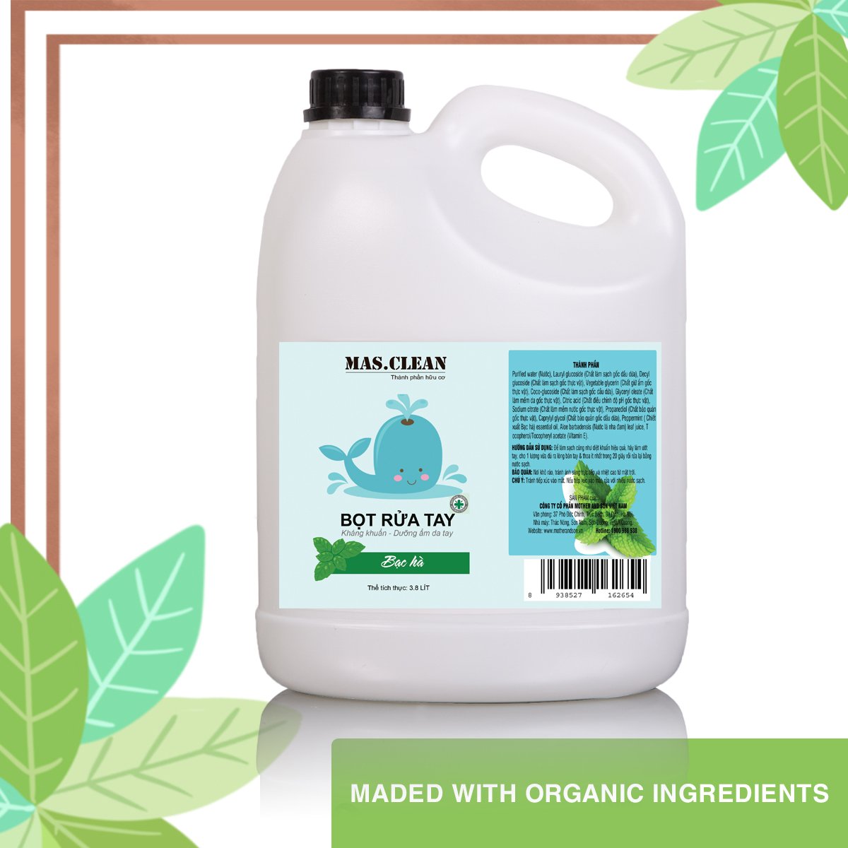 Nước rửa tay bọt hữu cơ Mas.Clean - can 3.8L