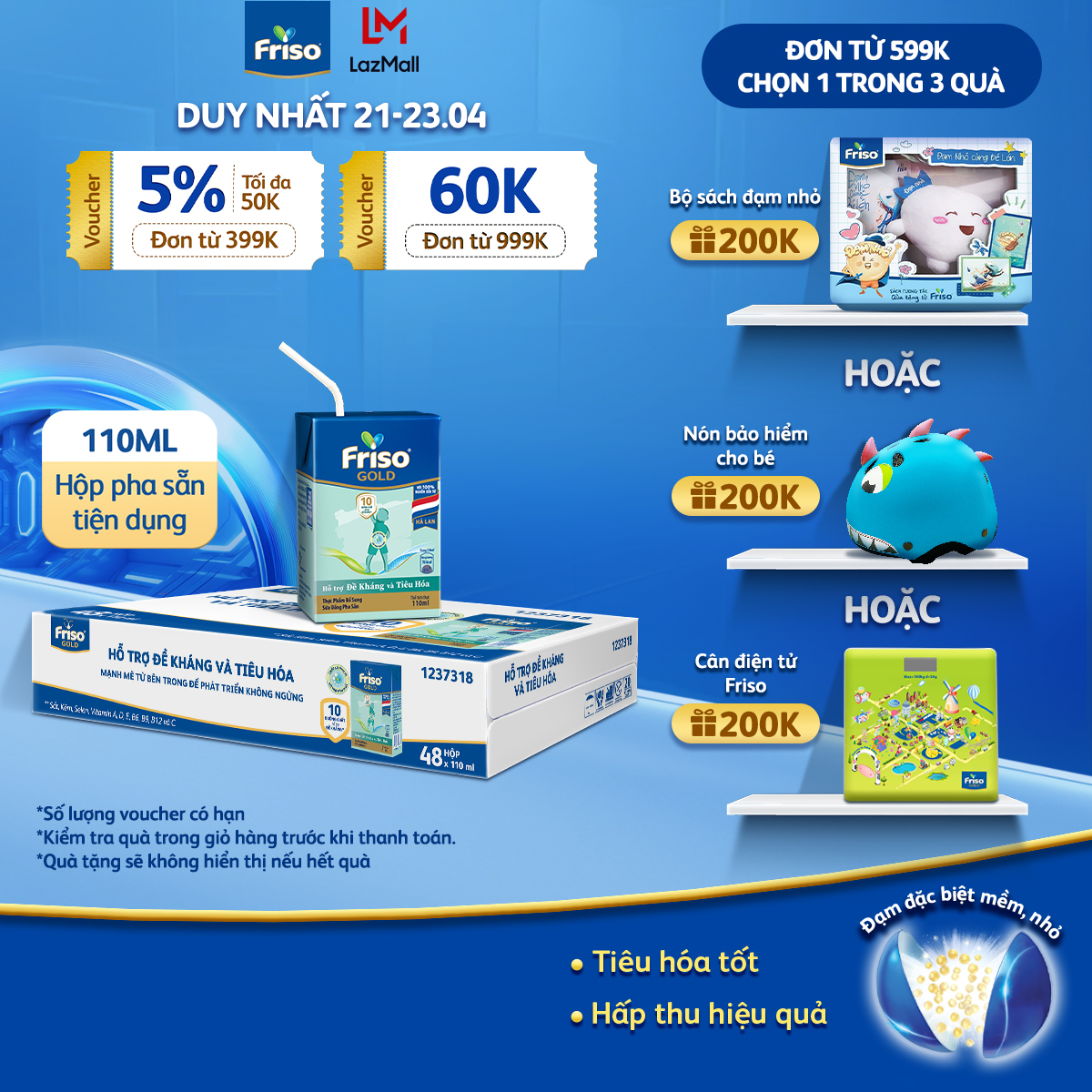 [21- 23/4 VOUCHER ĐẾN 1 TRIỆU] [HSD:9/2025] Thùng 48 hộp sữa bột pha sẵn Friso Gold Vani 110ml cho bé trên 1 tuổi