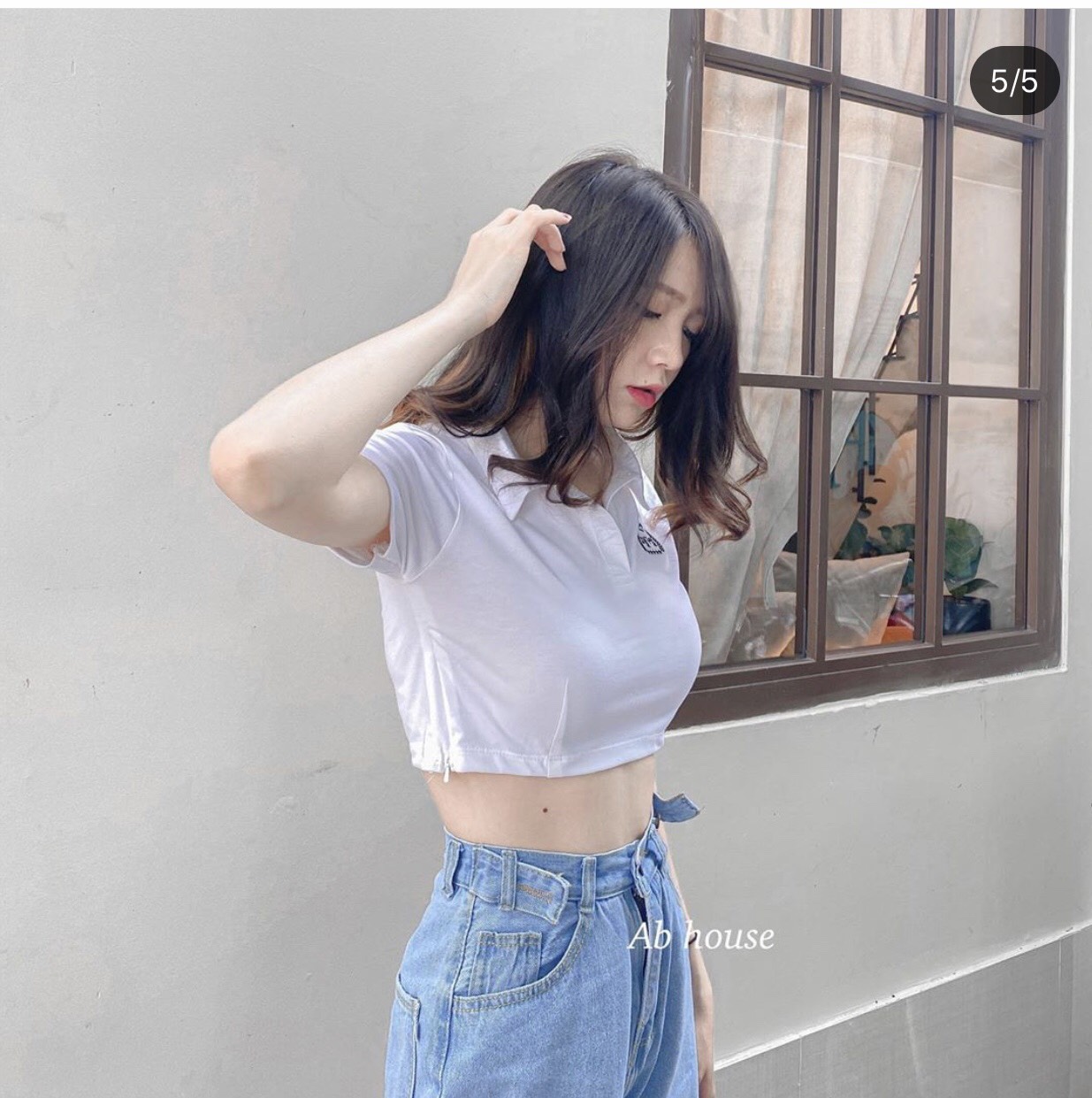 🎈 set baggy đai nút + crop petter trắng thêu