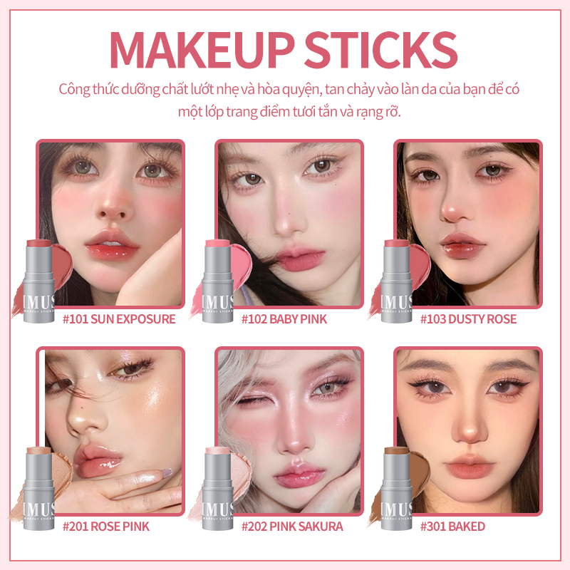 KIMUSE Makeup Sticks Monochromatic Multi-use Blush & Highlight & Contour Stick Waterproof Non-greasy Face Makeup 6 Colors