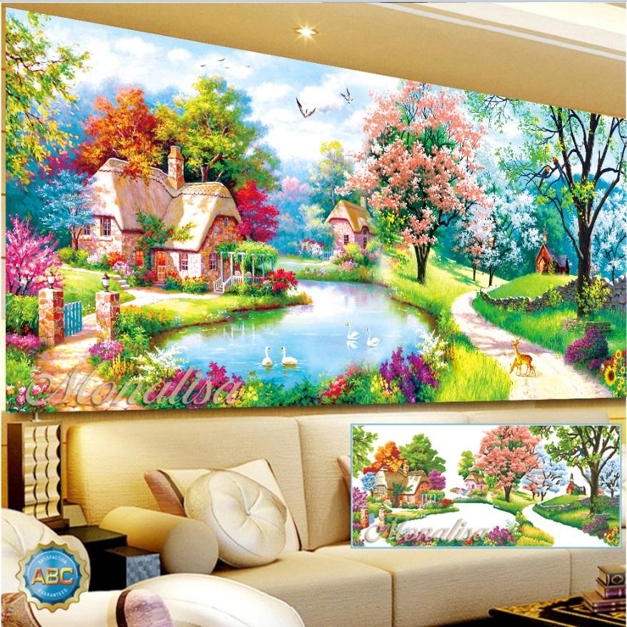 Tranh Đính Đá Ngôi Nhà Ven Sông Y8164 Kích thước :120x65cm