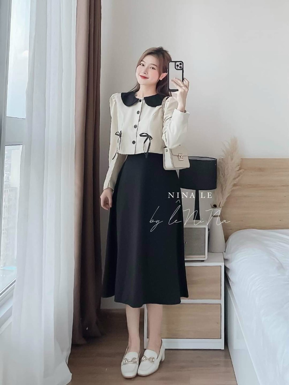 Sét Bộ Tiểu Thư Áo Cổ Sen Nút Thật + Chân Váy