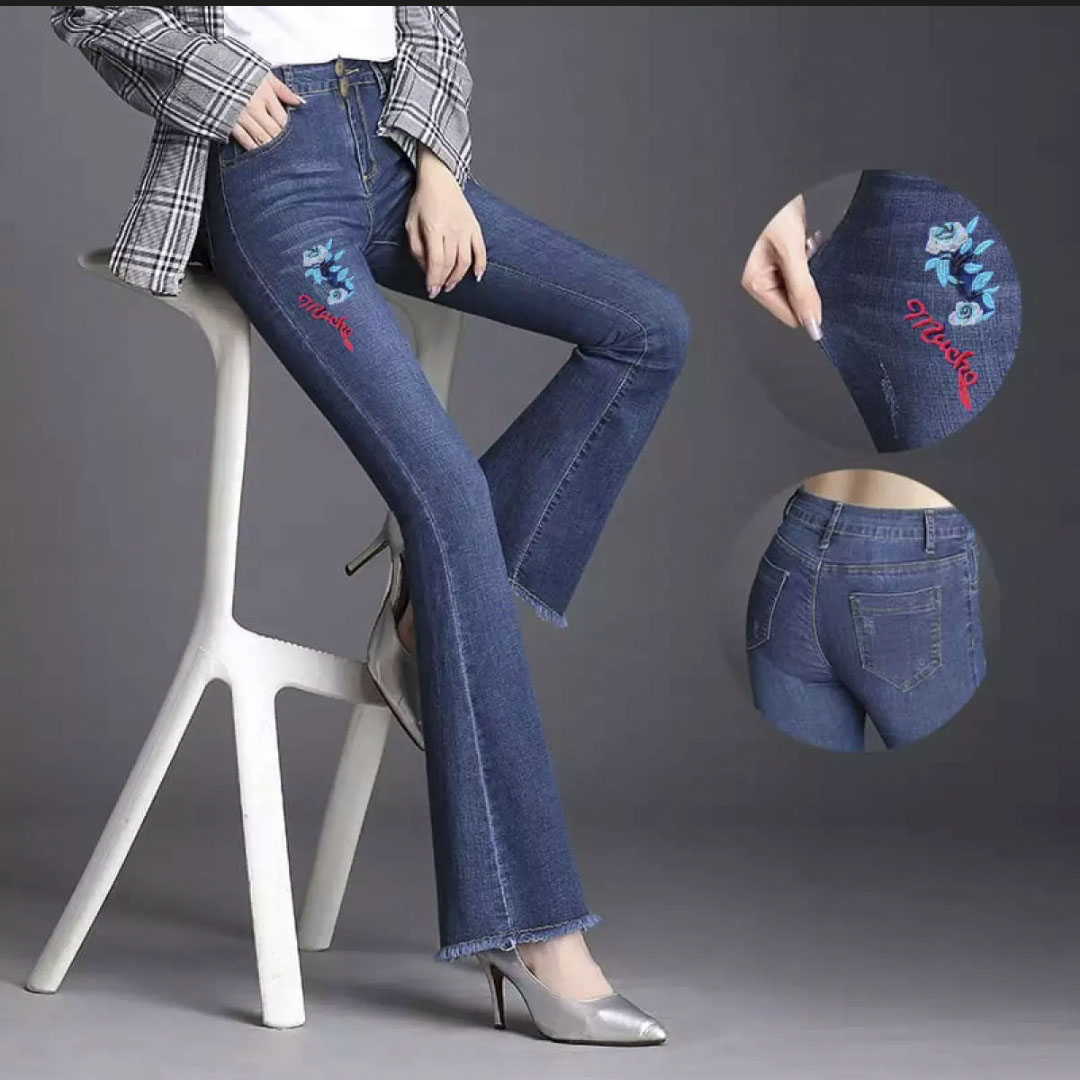 Quần jean nữ ống loe bass cao cấp chất bò xanh thêu co dãn mạnh lưng cao 2 nút nâng mông phong cách thời trang thuydieushop97 k105