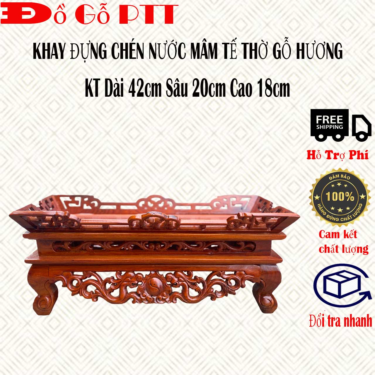 Mâm đựng chén thờ  -Bệ đựng chén nước chén gạo  trang trí không gian ban thờ gia tiên gỗ hương