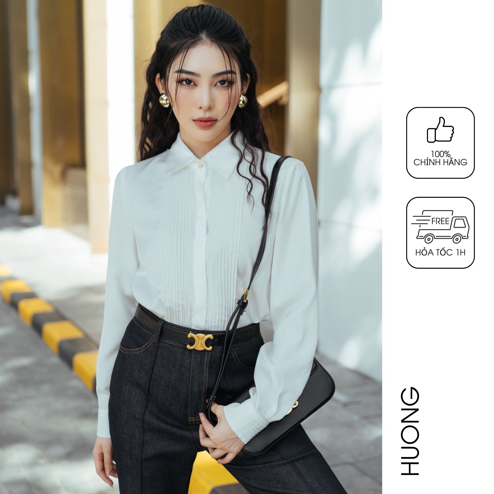 HUONG BOUTIQUE Áo lụa satin cổ đức mí gân HBSM1017