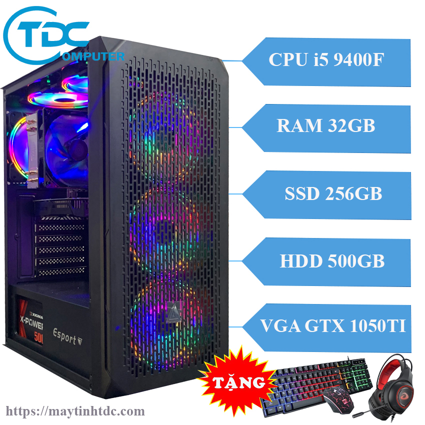 Máy tính chơi game pc gaming cấu hình khủng cpu core i5 9400f, ram 32gb,ssd 256gb, hdd 500gb, card 1050ti tặng bộ phím chuột,tai nghe chơi game