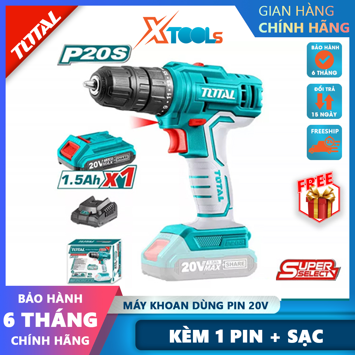 20V total tdli20051 battery drill 0.8-10mm drilling ability 2 speed mechanical gear, with 1 rechargeable 1.5ah battery-authentic