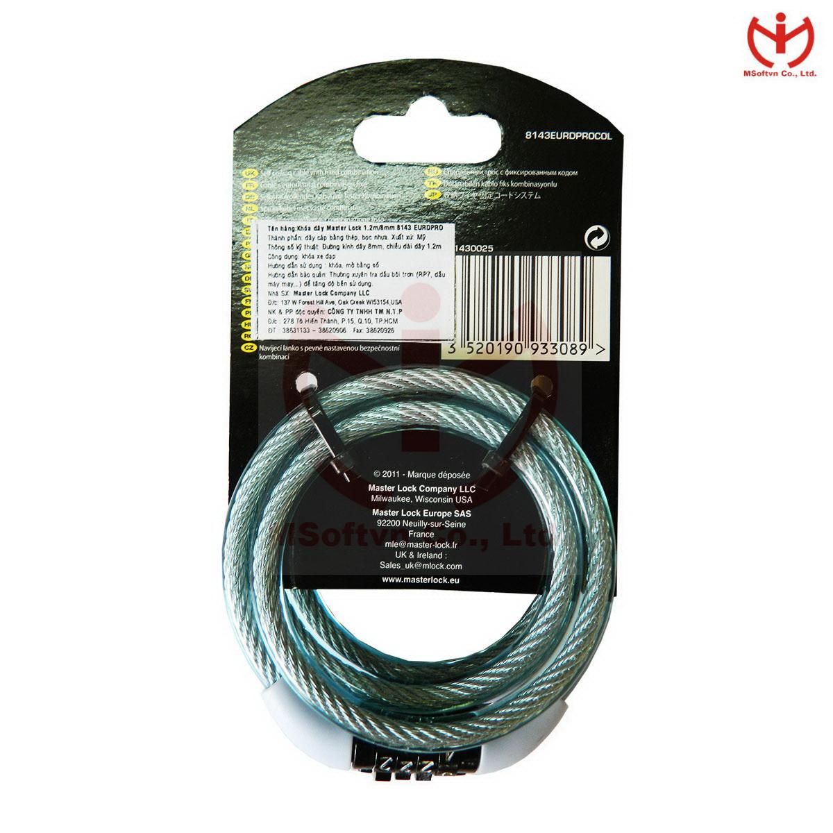 Khóa xe đạp 4 số cố định Master Lock 8143 EURD PRO dây cáp dài 1.2m x 8mm - MSOFT