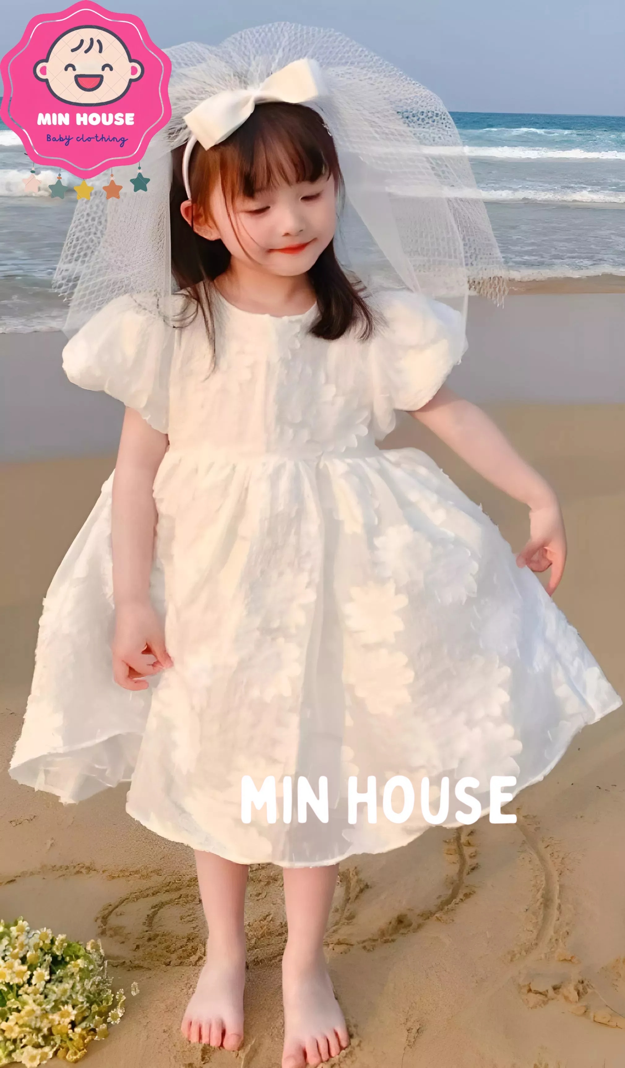 (10-26kg) Đầm trắng công chúa tay phồng cho bé gái