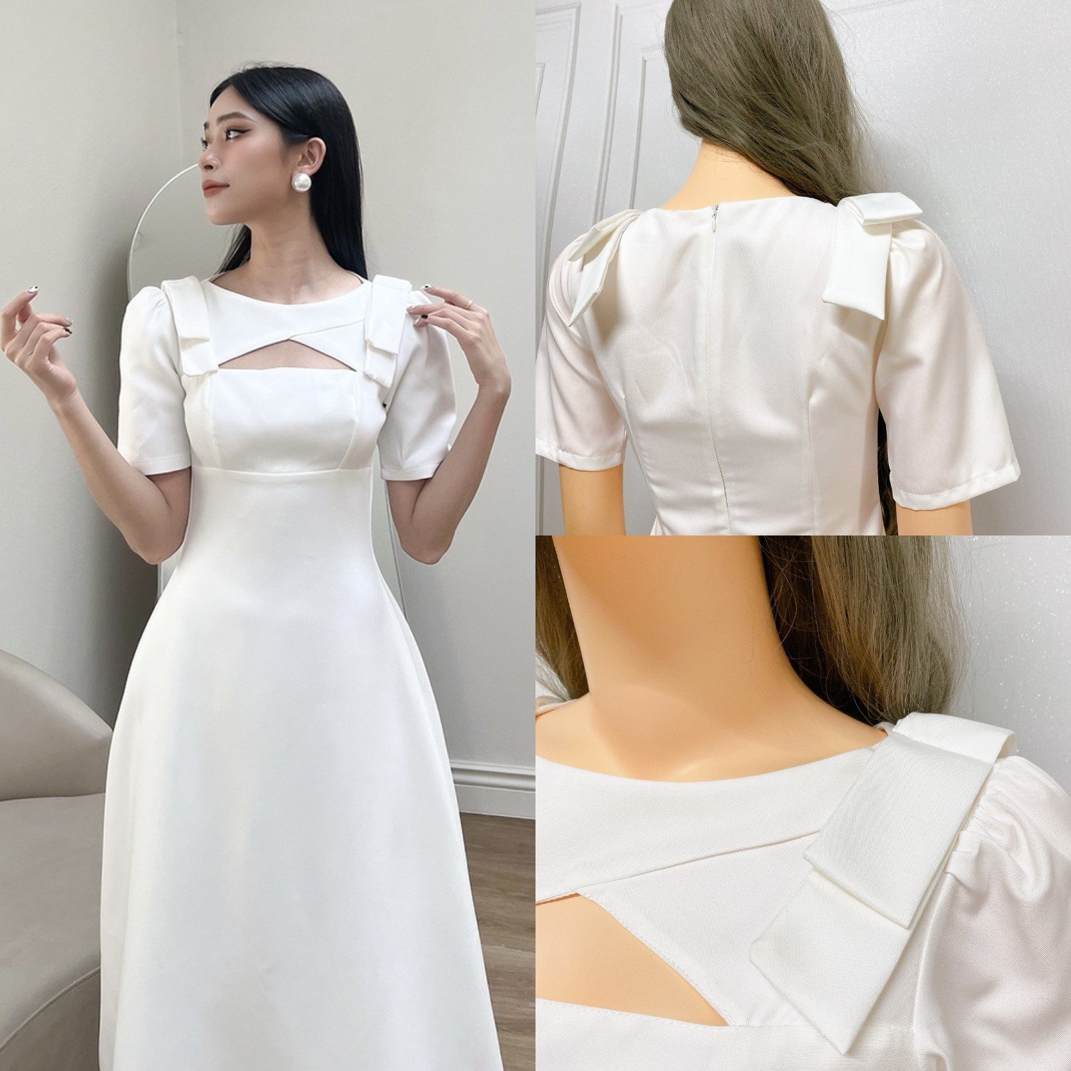 Đầm Xòe Dự Tiệc Phối Nơ Vai A8265