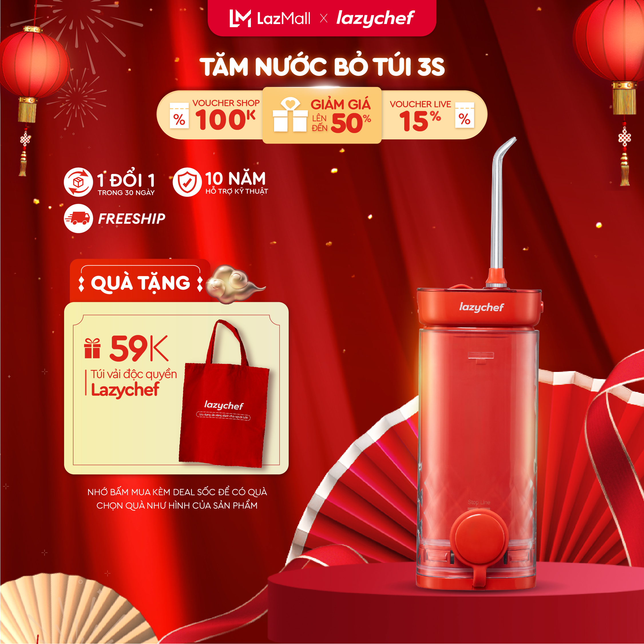 Máy tăm nước Bỏ túi 3s Lazychef nhỏ gọn chế độ thông minh, kháng nước IPX7